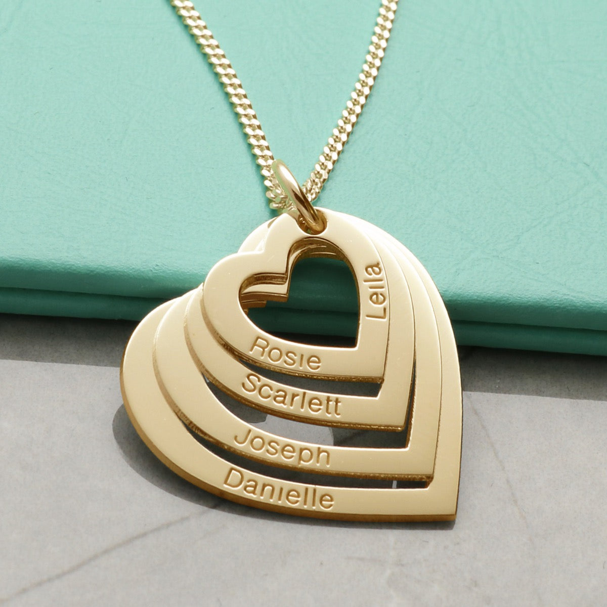 9ct Yellow Gold Vermeil Four Heart Personalised Family Necklace