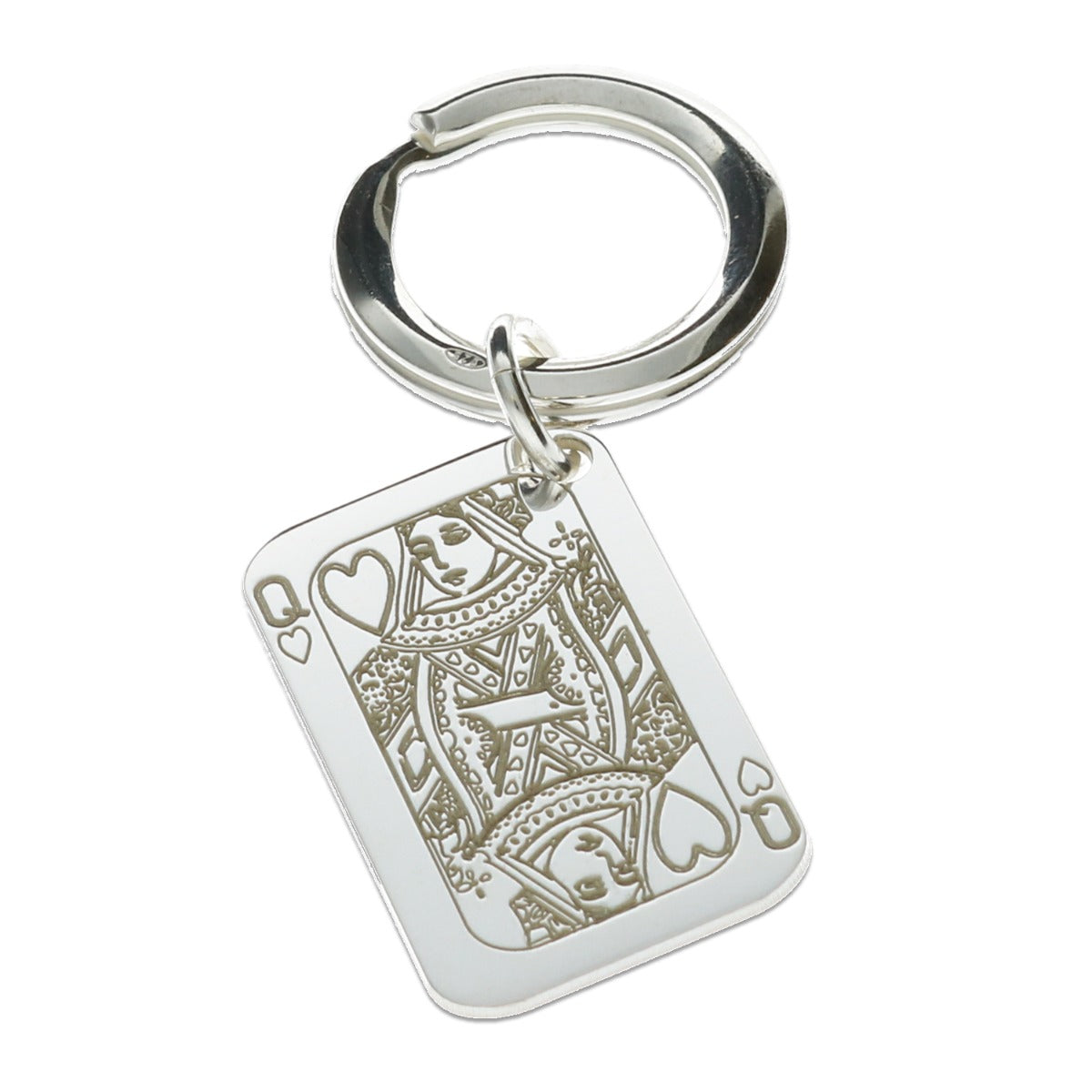 Sterling Silver Queen Of Hearts Playing Card Keyring With Optional Engraving