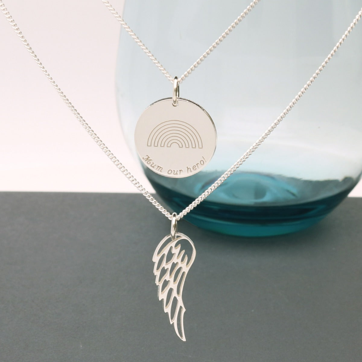 Sterling Silver Engraved Layered Rainbow Disc & Angel Wing Pendant