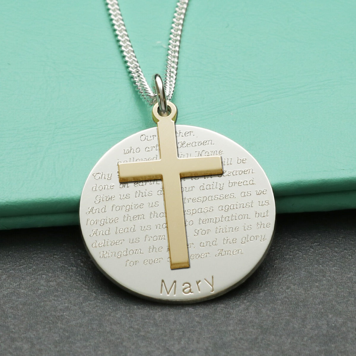 9ct Yellow Gold Cross With Sterling Silver Personalised The Lord's Prayer Disc & Optional Engraving