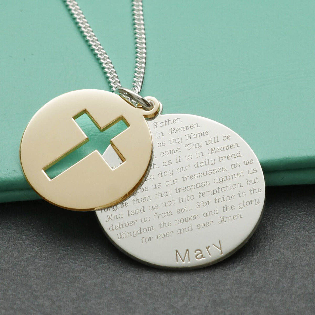 9ct Yellow Gold & Sterling Silver Personalised Cross Disc With The Lord's Prayer & Optional Engraving