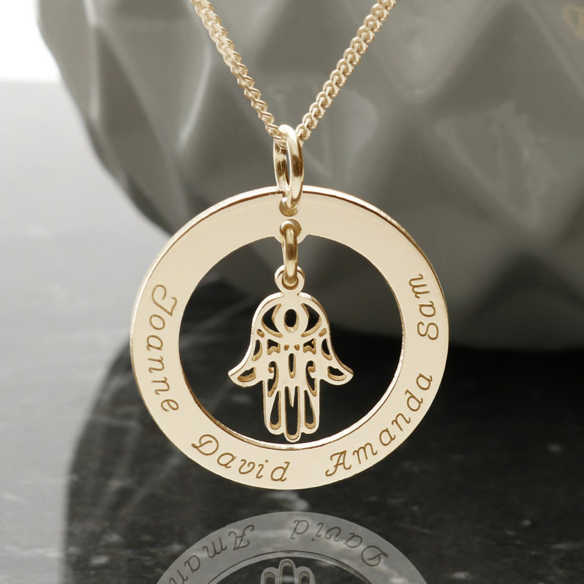 9ct Yellow Gold Vermeil Personalised Disc With Hanging Hamsa Hand Of Fatima Pendant Necklace