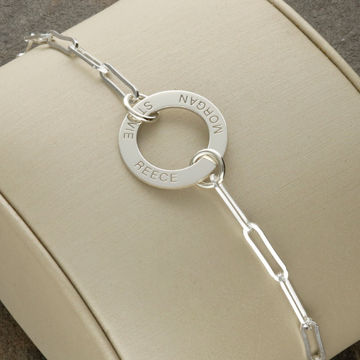 Sterling Silver Paper Clip Link Bracelet With Engraved Ring