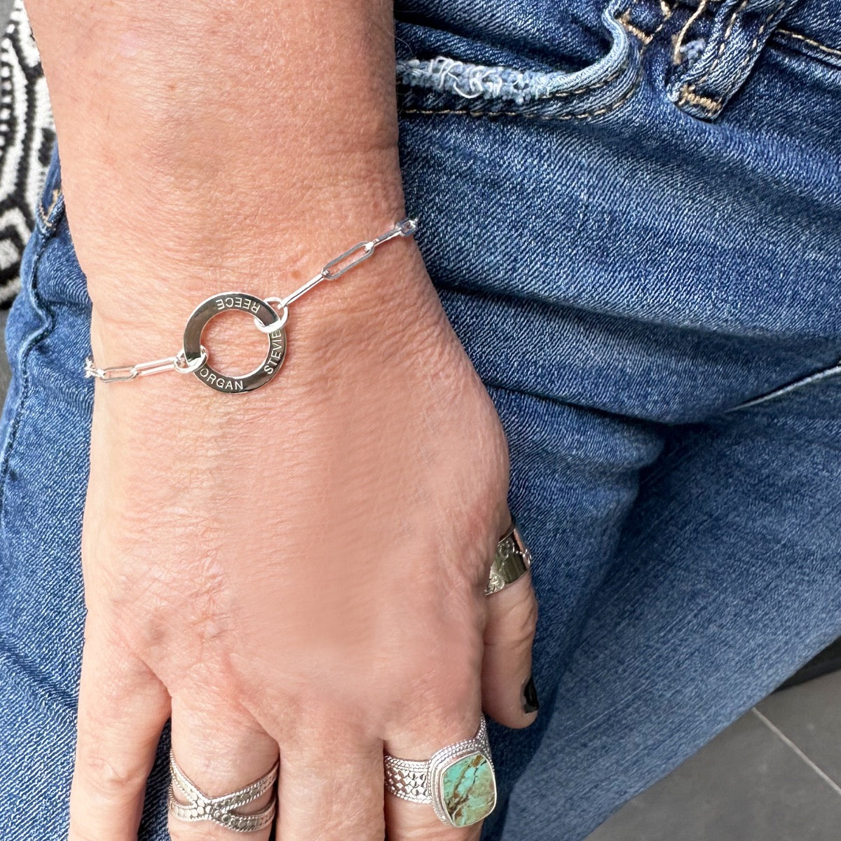 Sterling Silver Paper Clip Link Bracelet With Engraved Ring