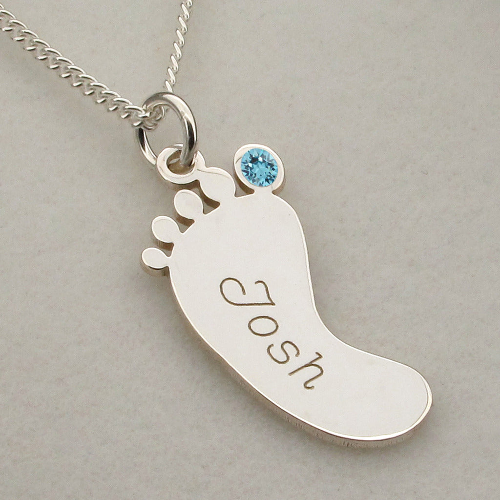 Sterling Silver Engraved Footprint Pendant With Crystal