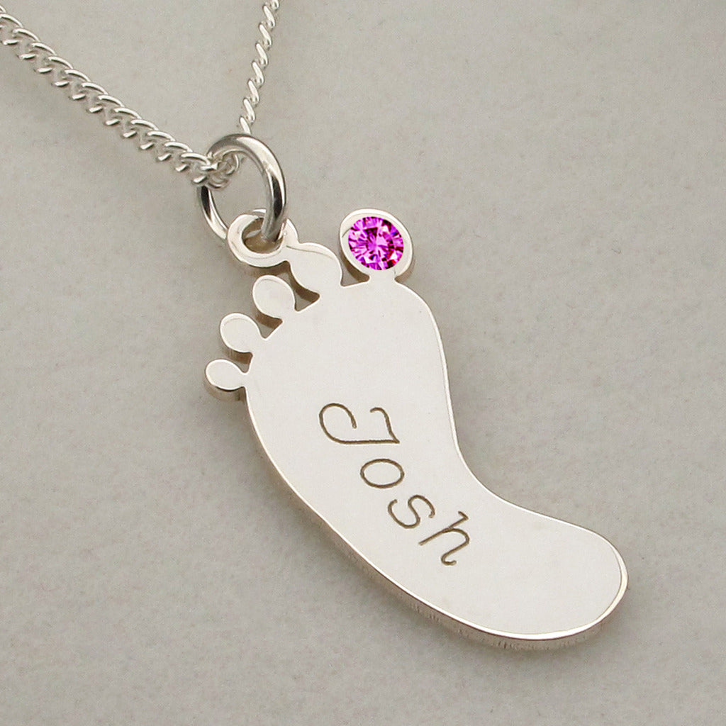 Sterling Silver Engraved Footprint Pendant With Crystal