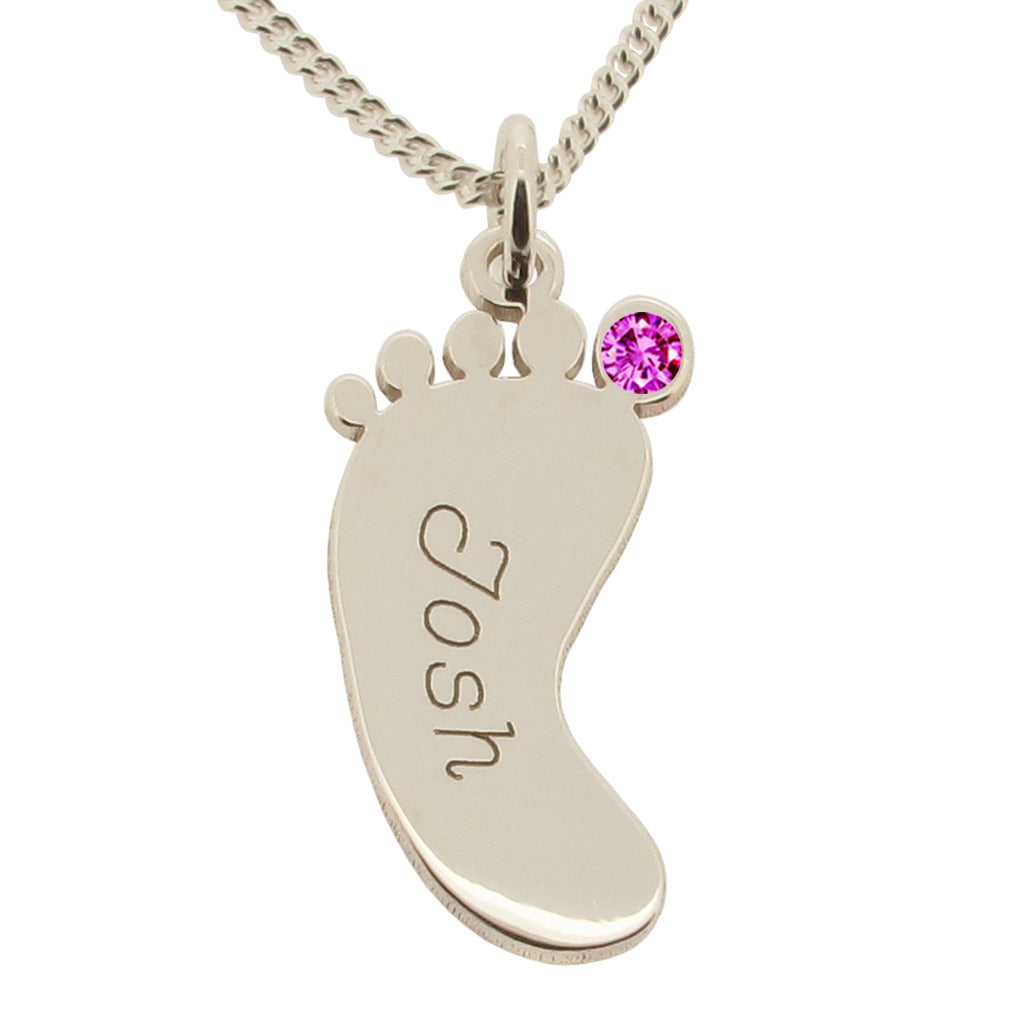 Sterling Silver Engraved Footprint Pendant With Crystal
