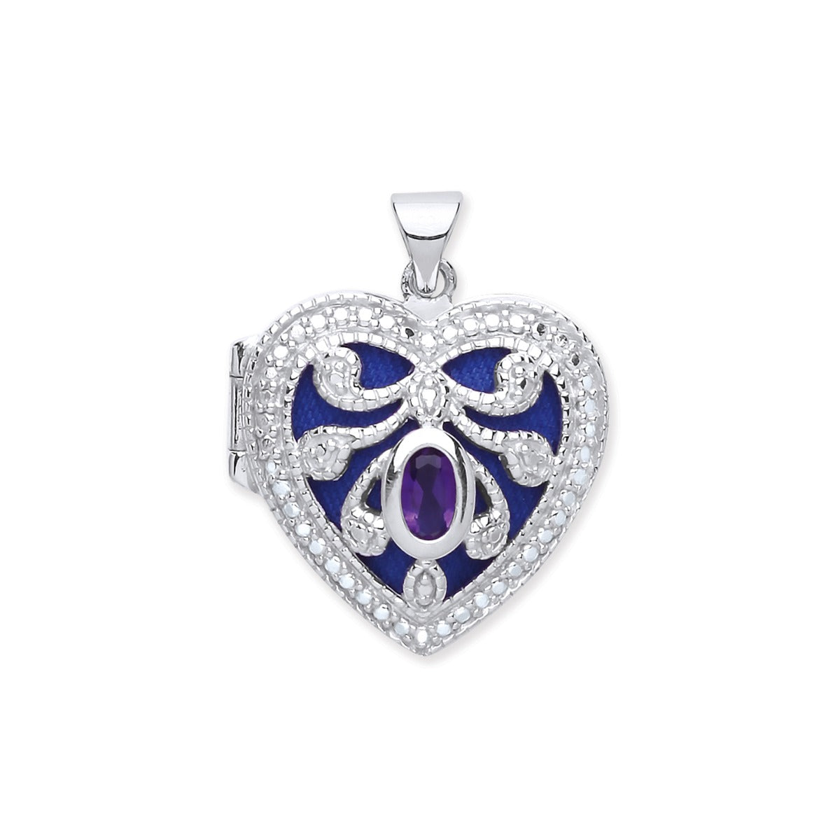 Sterling Silver Heart Locket Set With CZ & Amethyst With Optional Engraving
