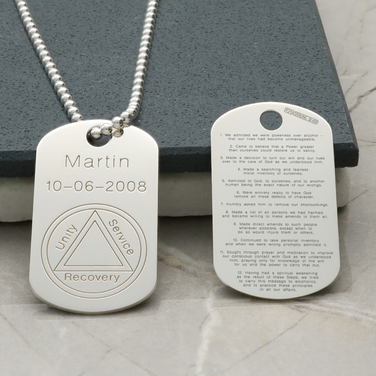 Sterling Silver Sobriety Recovery Dog Tag Pendant With Optional Engraving