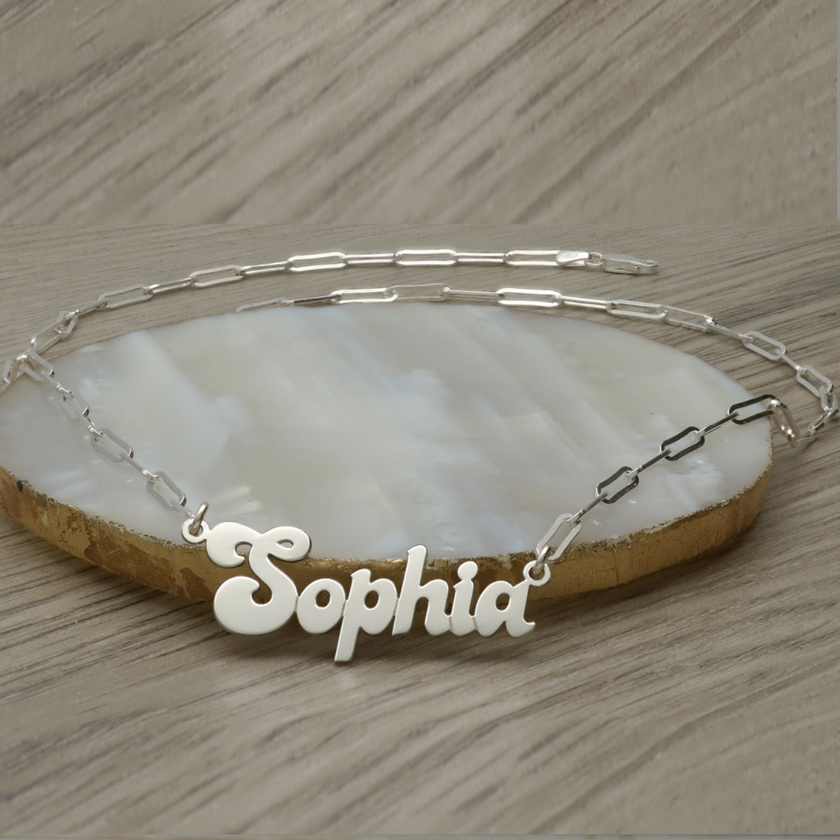 Sterling Silver Personalised Name Necklace Banana Split Style with Paper Clip Chain