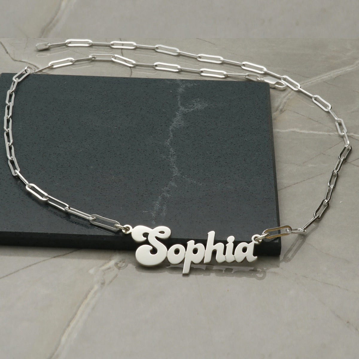 Sterling Silver Personalised Name Necklace Banana Split Style with Paper Clip Chain