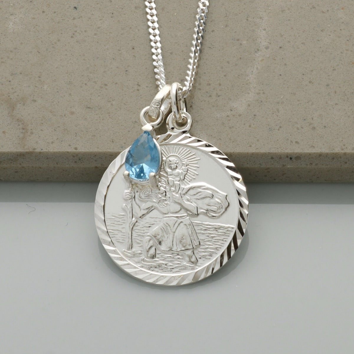 Sterling Silver St Christopher Necklace With Teardrop Birthstone And Optional Engraving