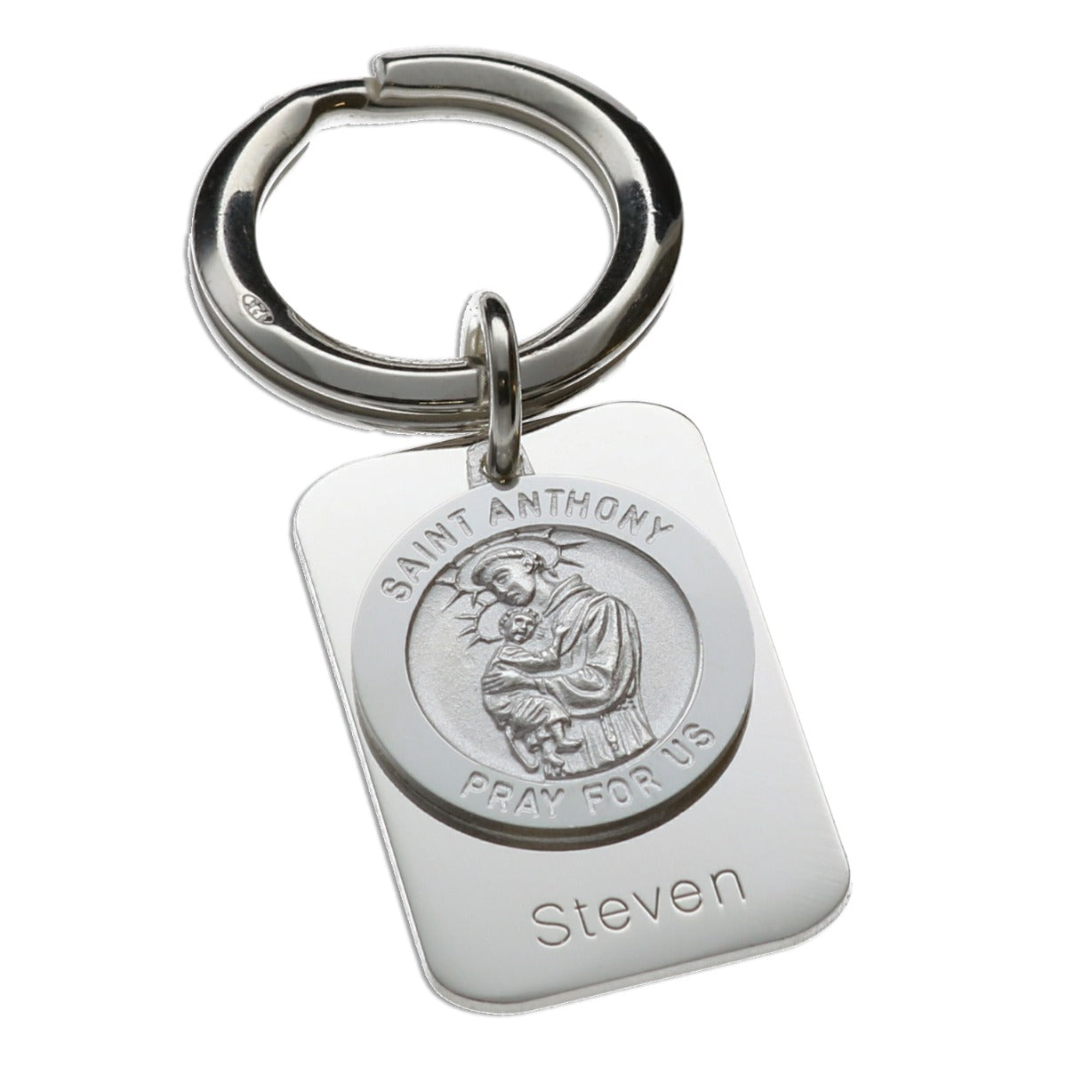 Sterling Silver Personalised Rectangle St Anthony Keyring With Prayer