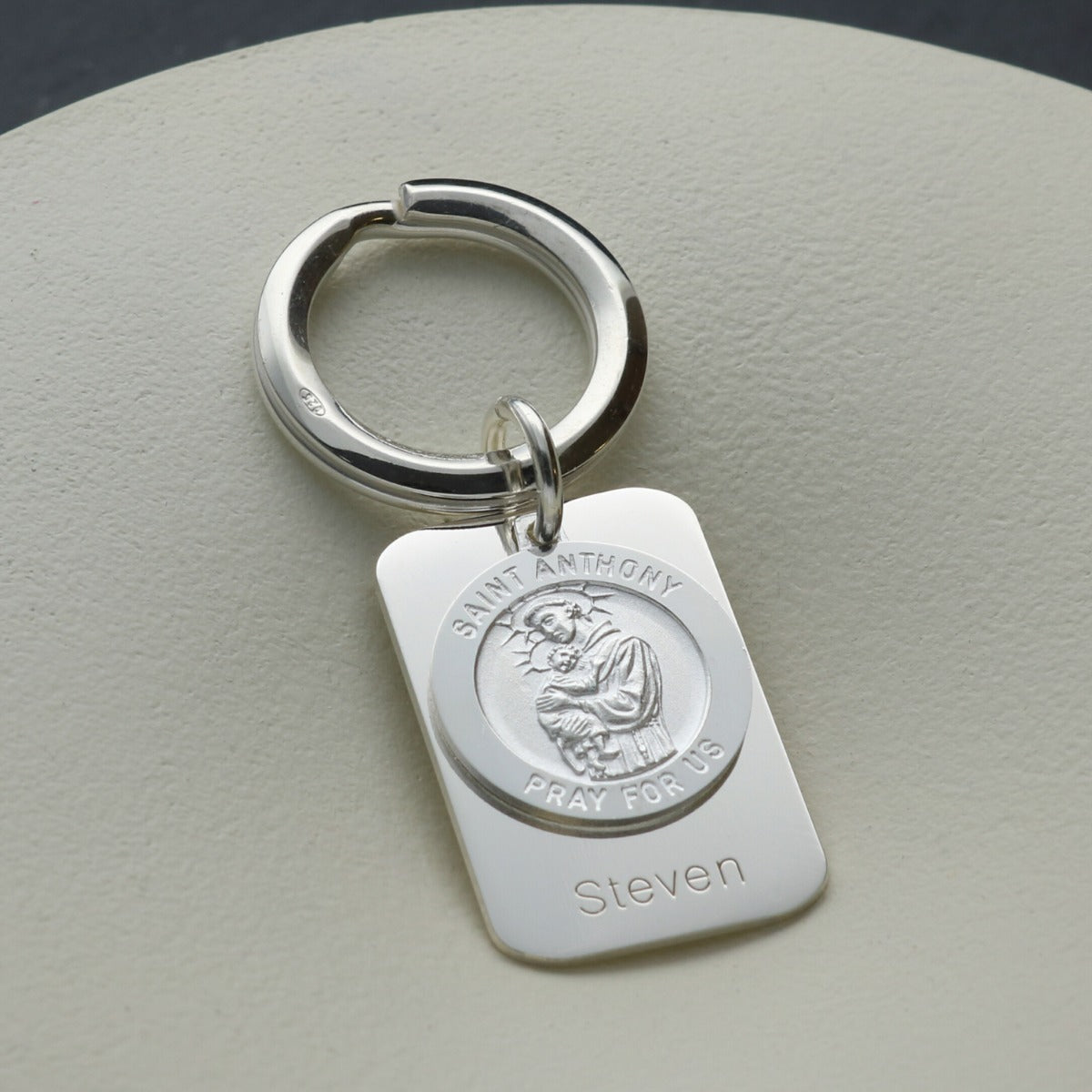 Sterling Silver Personalised Rectangle St Anthony Keyring With Prayer
