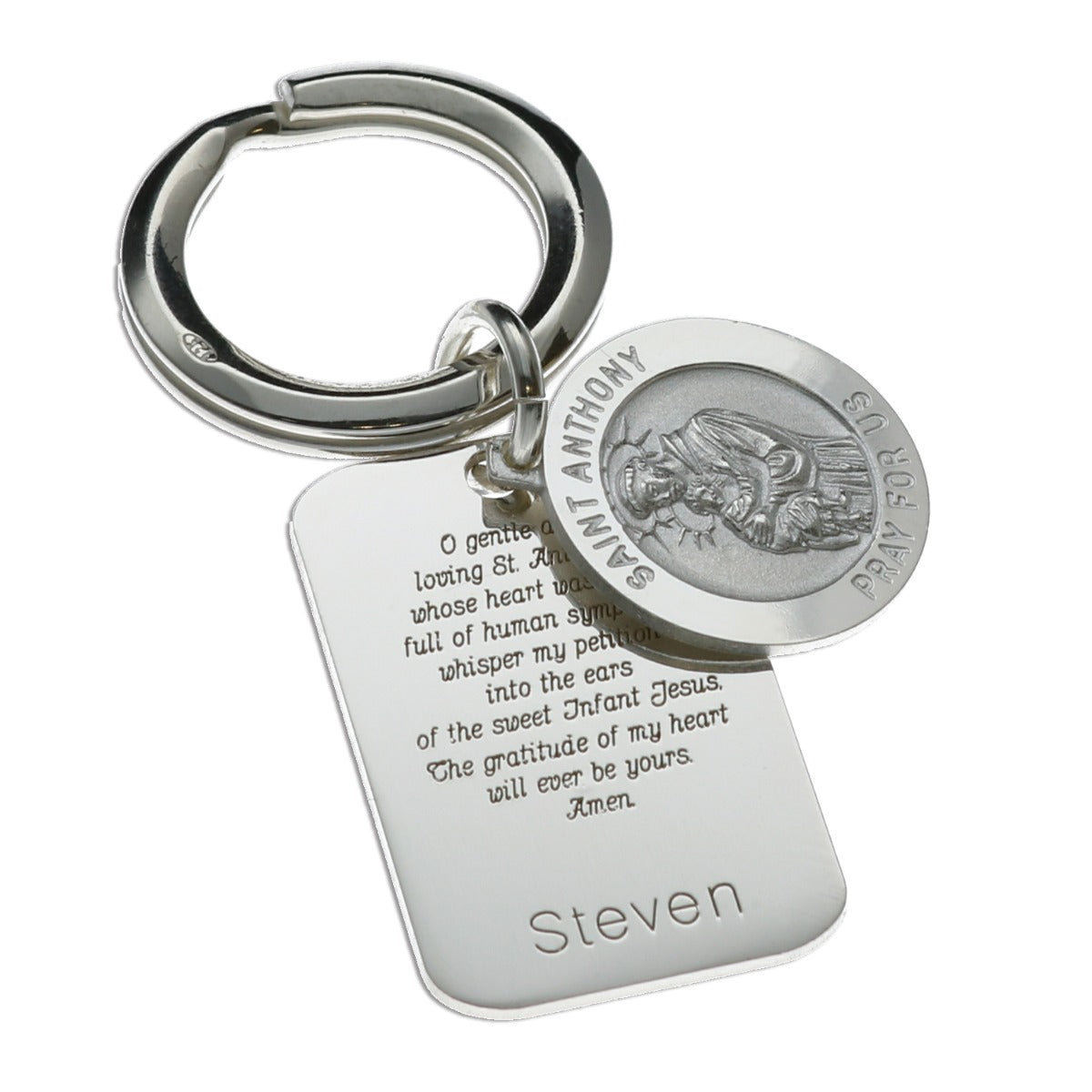 Sterling Silver Personalised Rectangle St Anthony Keyring With Prayer