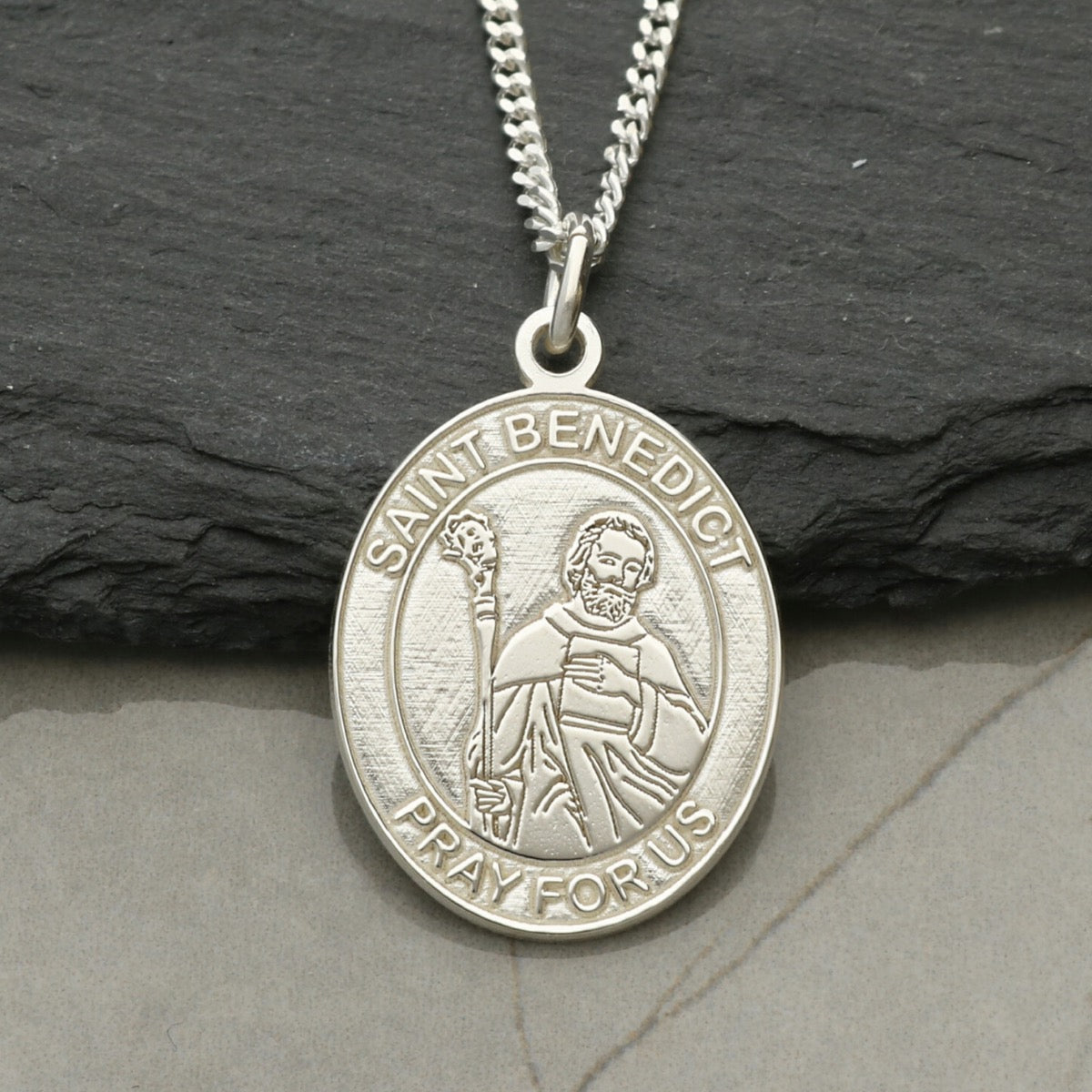 Sterling Silver Oval St Benedict Necklace with Optional Engraving
