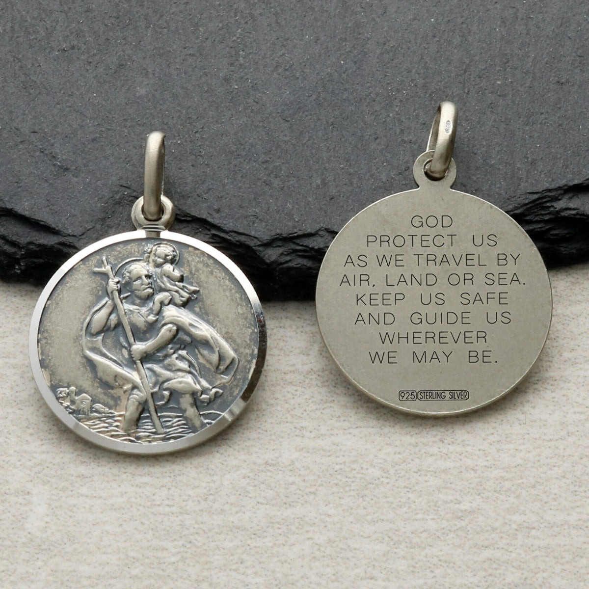 Antique Finish Sterling Silver 24mm St Christopher Pendant With Travellers Prayer and Optional Chain
