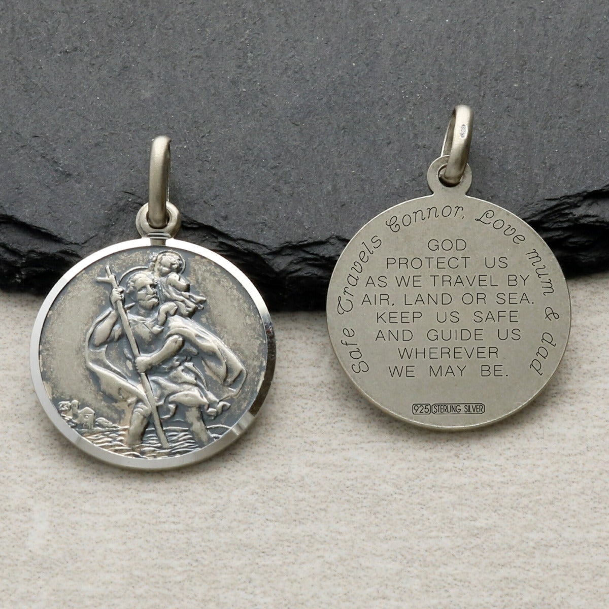 Antique Finish Sterling Silver 24mm St Christopher Pendant With Travellers Prayer, Engraving and Optional Chain