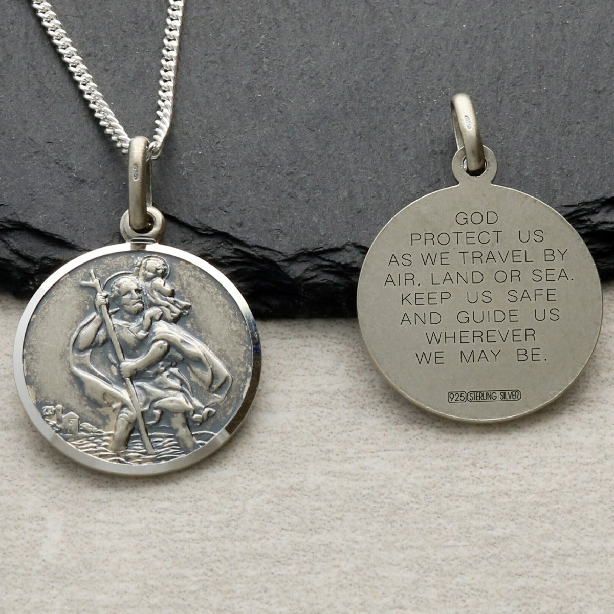 Antique Finish Sterling Silver 24mm St Christopher Pendant With Travellers Prayer and Optional Chain