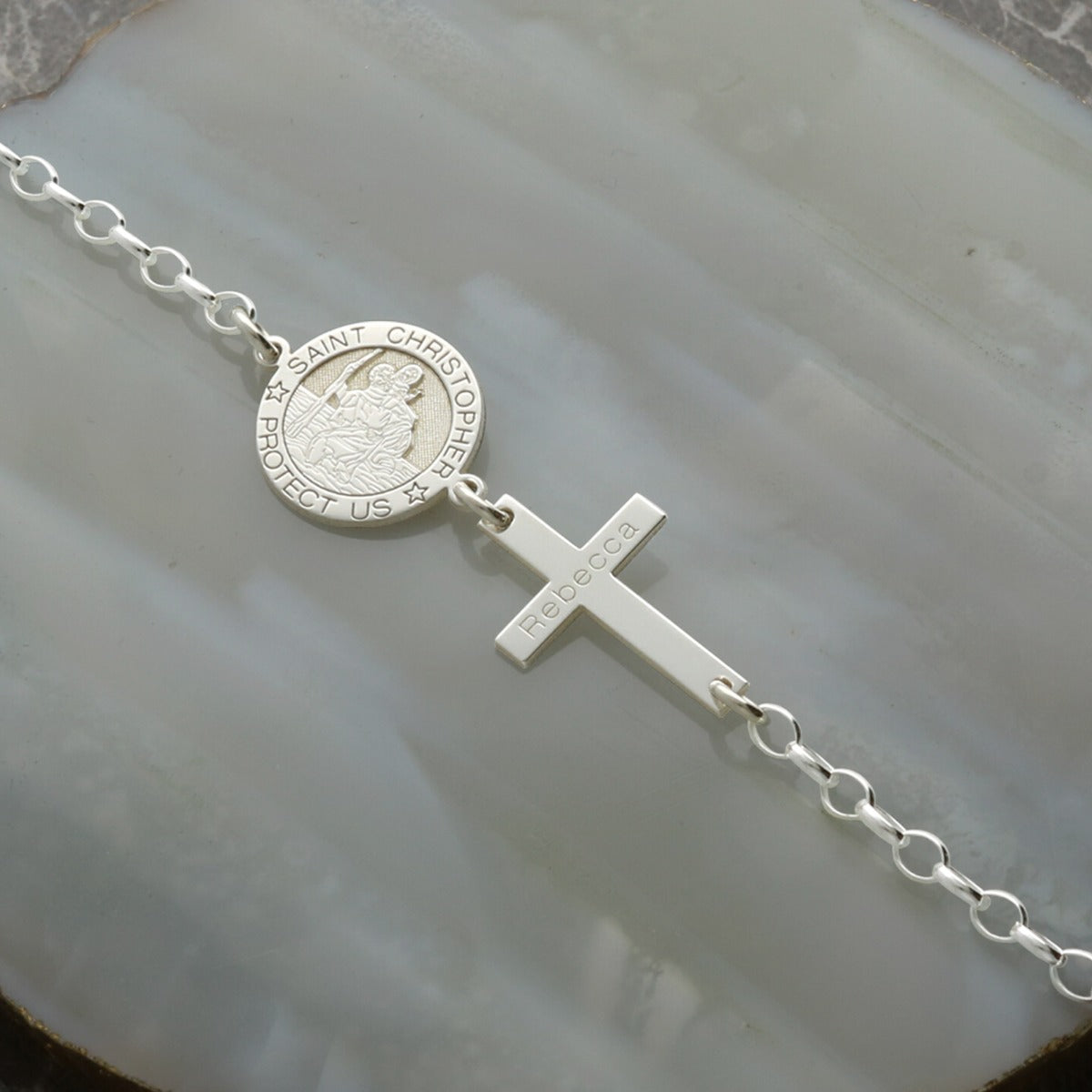 Sterling Silver St Christopher Charm Bracelet With Engraved Cross