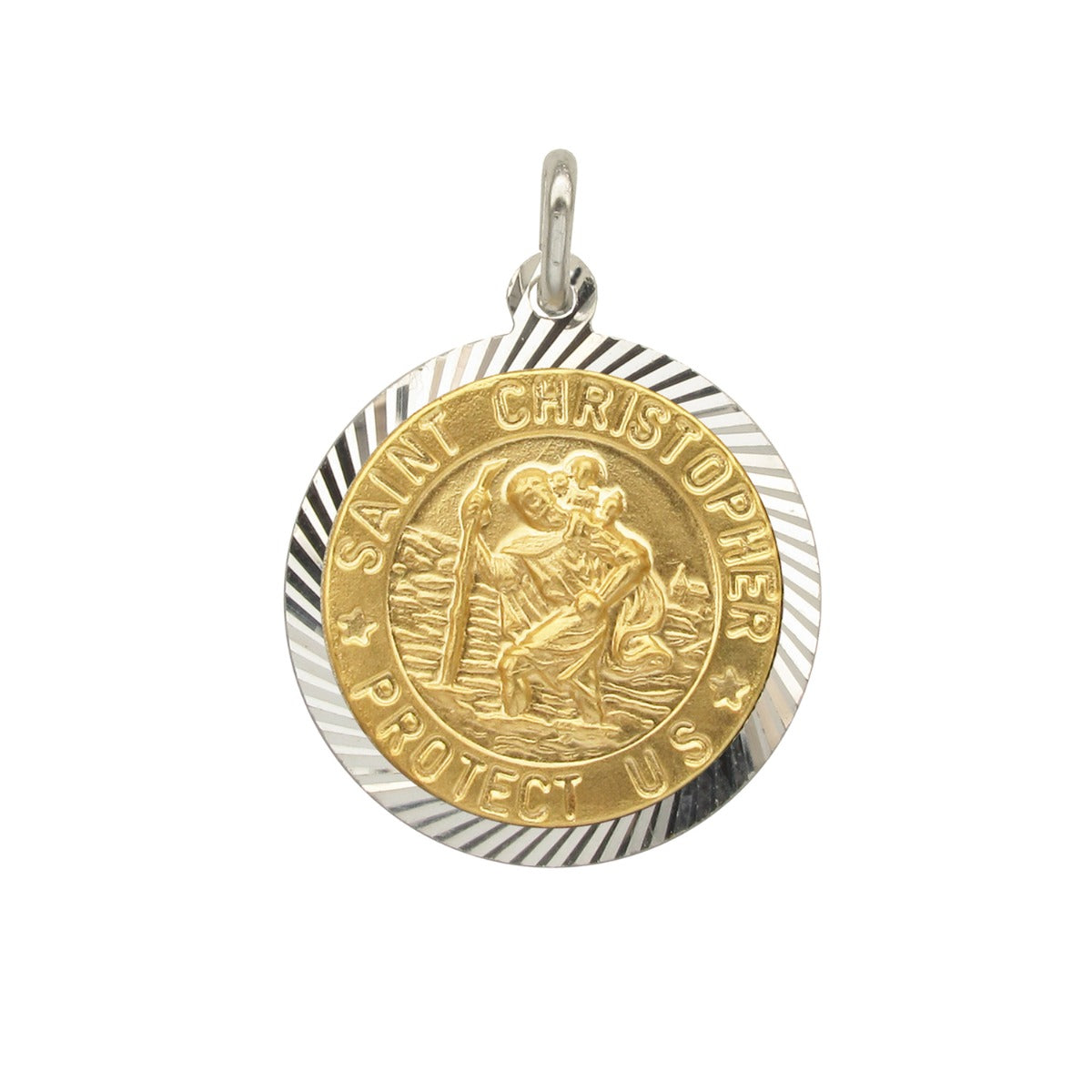Sterling Silver and Gold Vermeil 18mm Diamond Cut St Christopher Pendant With Optional Engraving and Chain