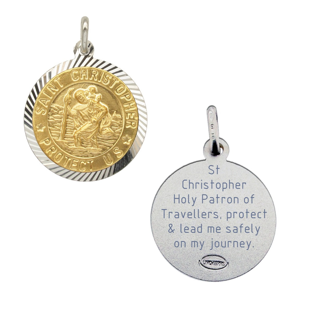 Sterling Silver and Gold Vermeil 18mm Diamond Cut St Christopher Pendant With Travellers Prayer & Optional Chain