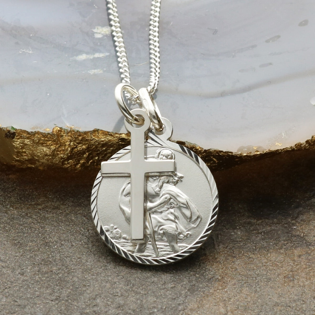 Sterling Silver Diamond Cut 16mm St Christopher & Cross Pendants With Optional Engraving and Chain