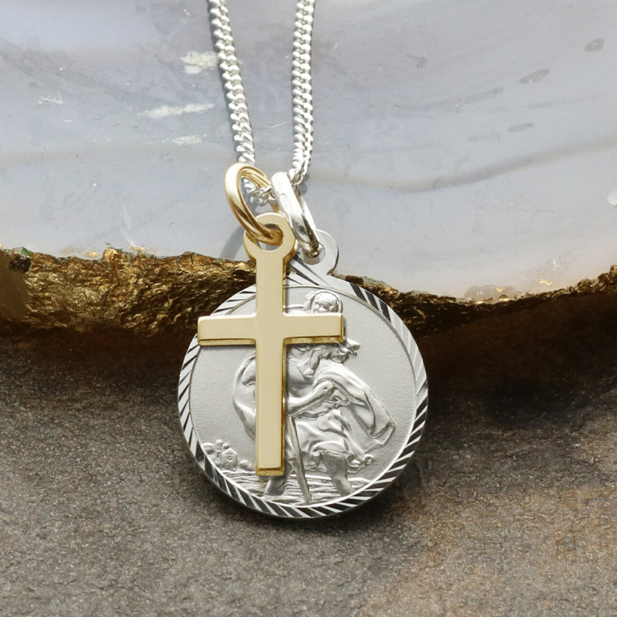 Sterling Silver Diamond Cut 16mm St Christopher With Cross, Optional Engraving And Chain