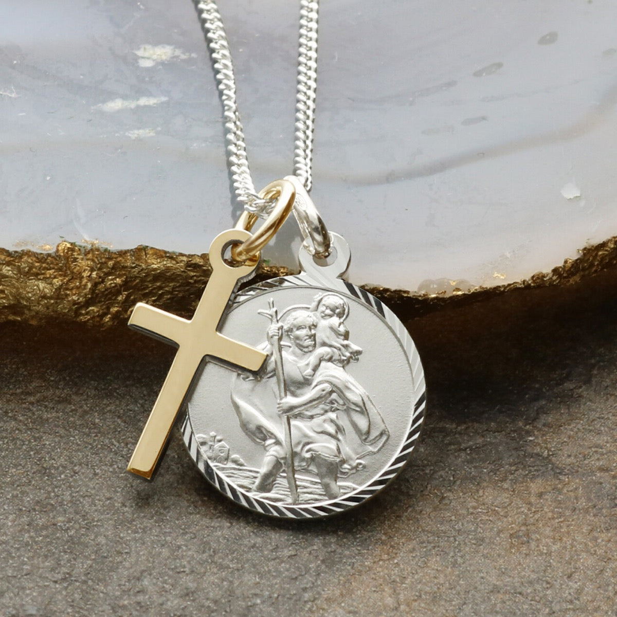 Sterling Silver Diamond Cut 16mm St Christopher With Cross, Optional Engraving And Chain