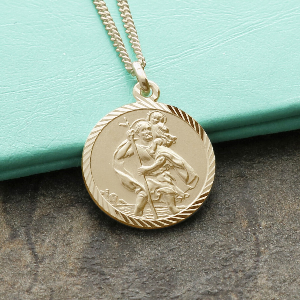 9ct Yellow Gold Diamond Cut 18mm St Christopher Pendant With Optional Engraving and Chain