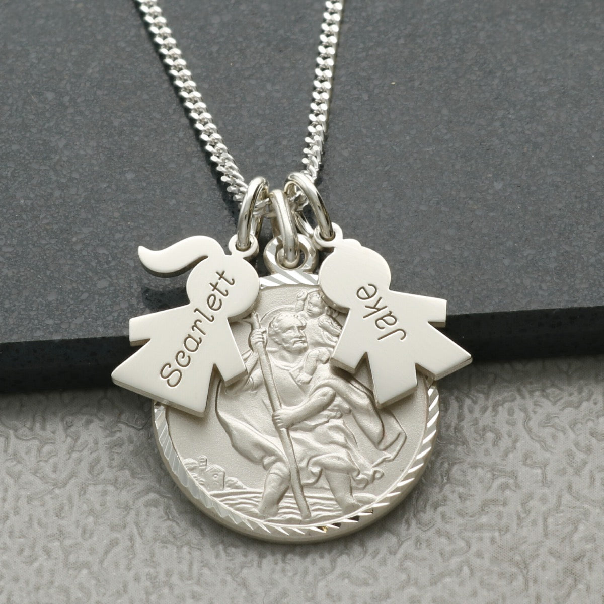 Sterling Silver Diamond Cut St Christopher 18mm Pendant With Engraved Girl or Boy Charm & Optional Chain
