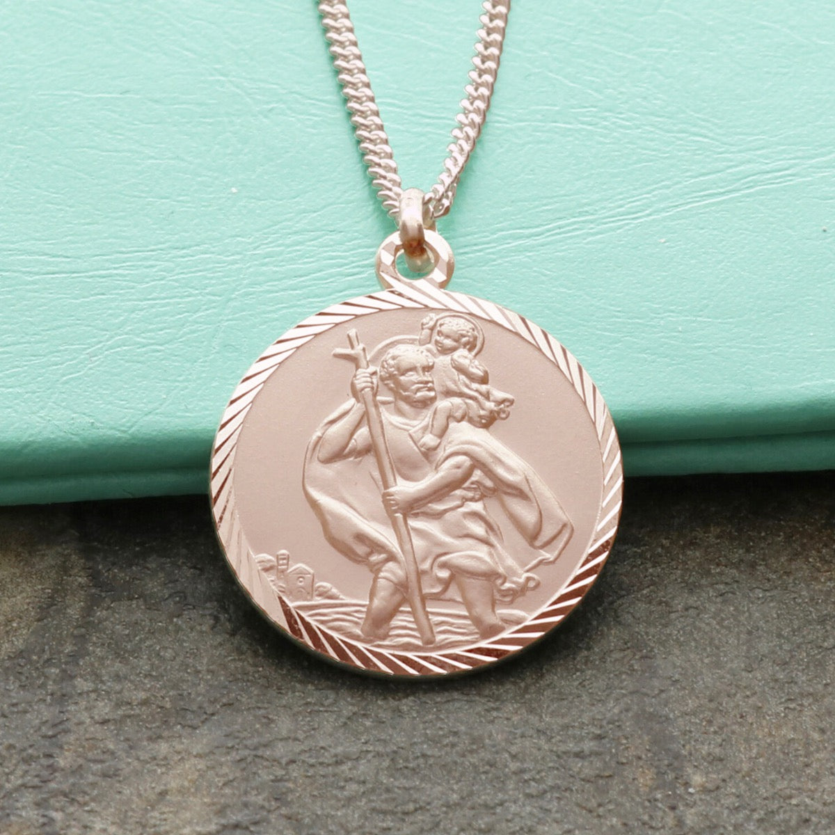 9ct Rose Gold Vermeil Diamond Cut 20mm St Christopher Pendant With Optional Engraving and Chain