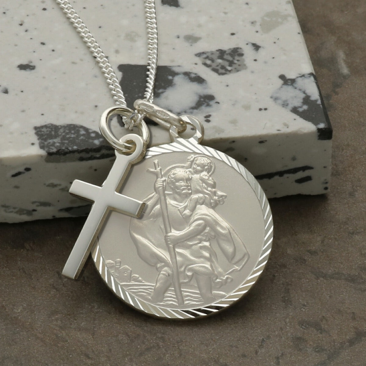 Sterling Silver Diamond Cut 20mm St Christopher & Cross Pendants With Optional Engraving and Chain