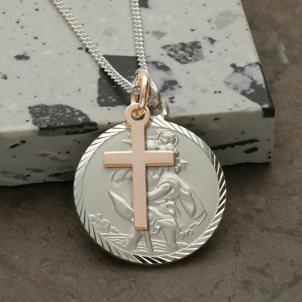 Sterling Silver Diamond Cut 20mm St Christopher Pendant With Rose Gold Plated Cross, Optional Engraving and Chain