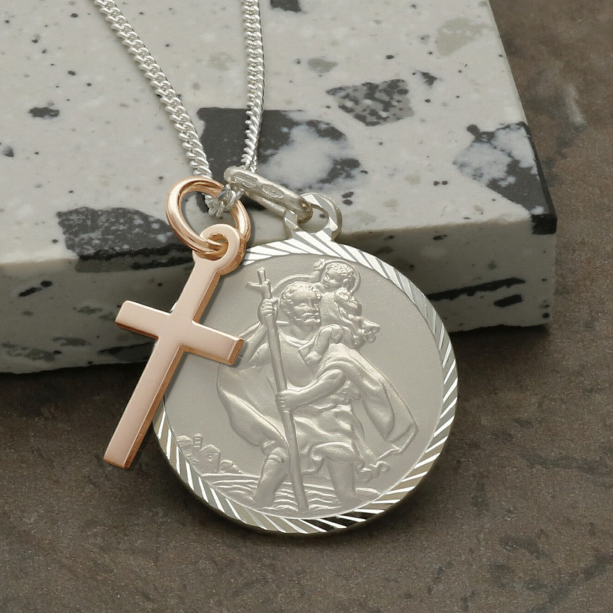 Sterling Silver Diamond Cut 20mm St Christopher Pendant With Rose Gold Vermeil Cross, Optional Engraving and Chain
