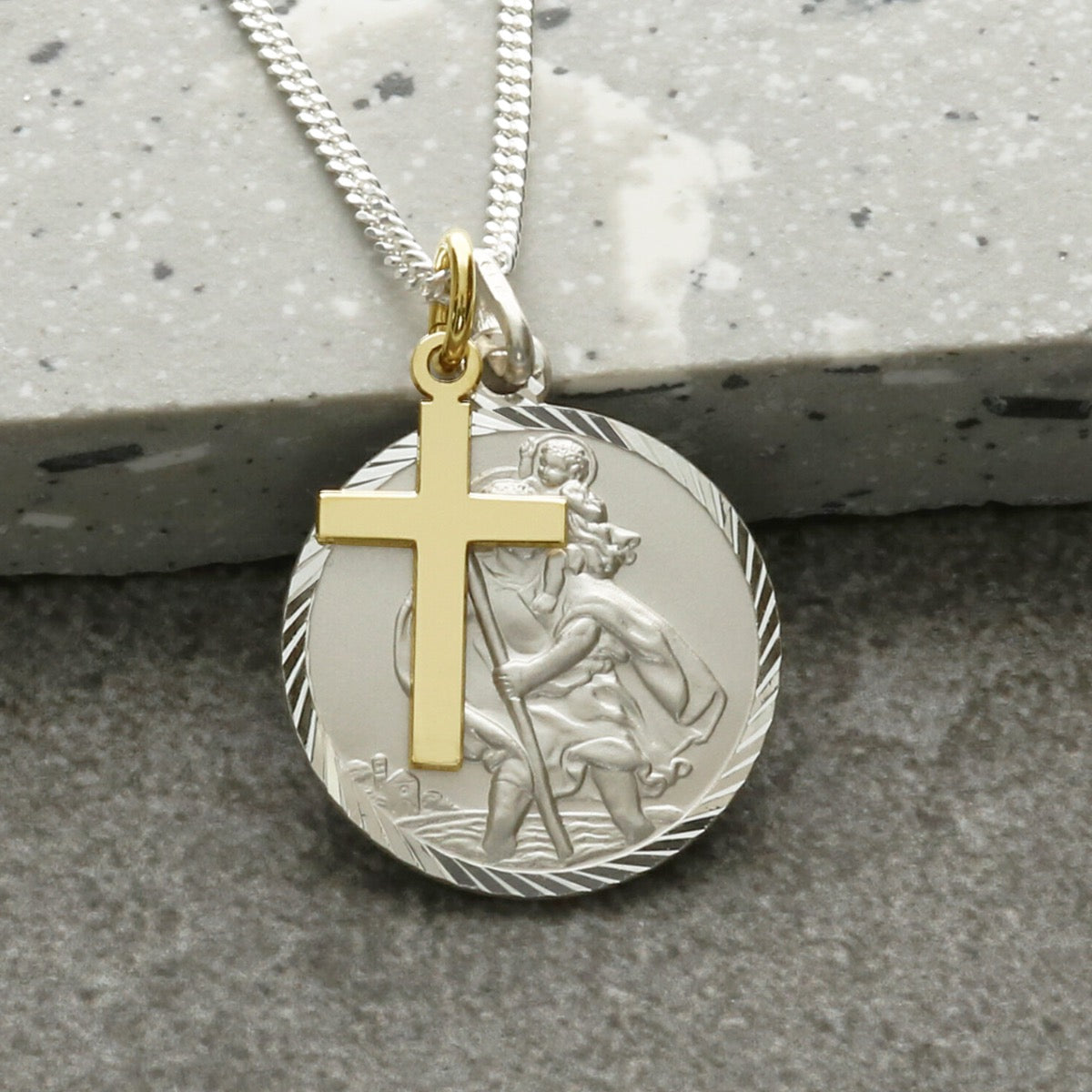 Sterling Silver Diamond Cut 20mm St Christopher & 9ct Yellow Gold Vermeil Cross Pendant With Optional Engraving and Chain