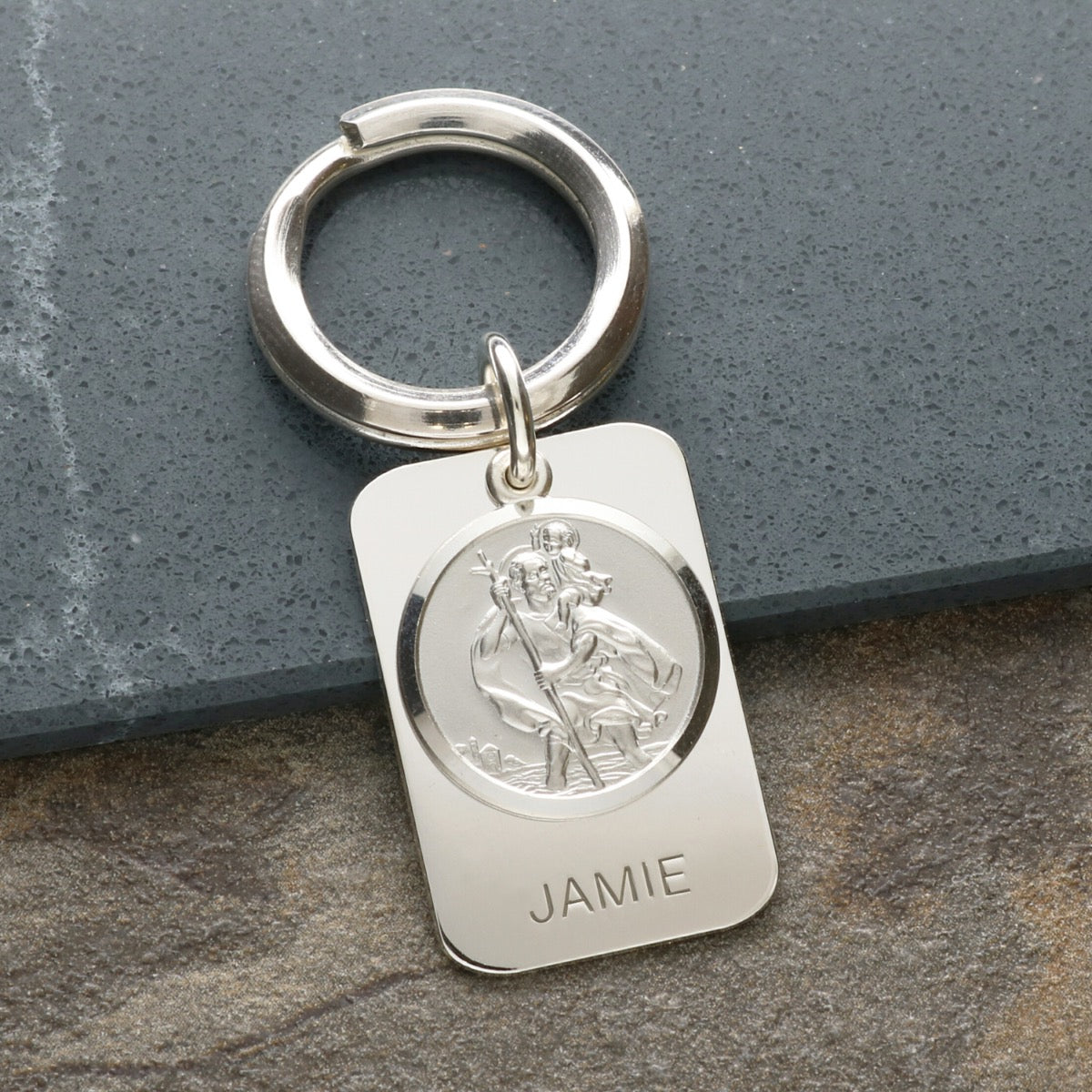 Sterling Silver Personalised Rectangle St Christopher Keyring With Travellers Prayer