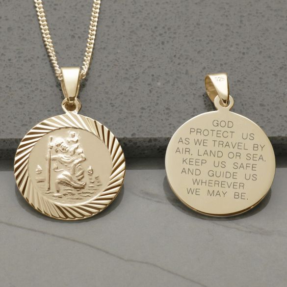 9ct Yellow Gold Vermeil 20mm Diamond Cut St Christopher Pendant With Travellers Prayer and Optional Chain