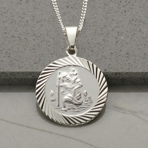Sterling Silver 20mm Diamond Cut St Christopher Pendant With Optional Personalisation and Chain