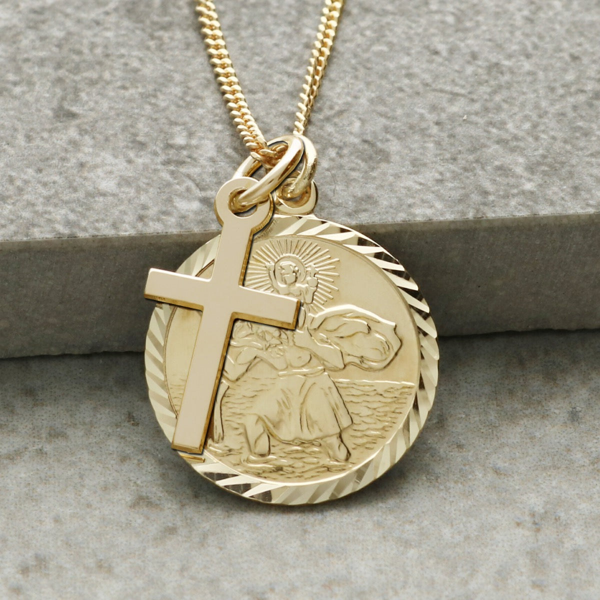 9ct Yellow Gold Diamond Cut 19mm St Christopher Pendant With Cross, Optional Engraving and Chain