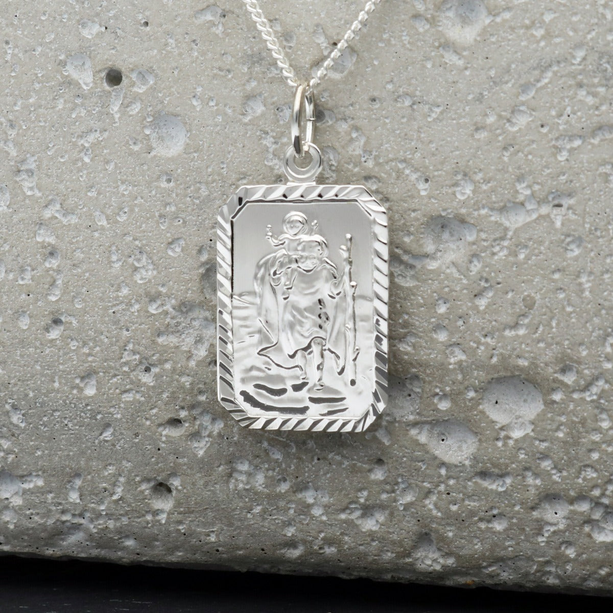 Sterling Silver Diamond Cut Large Rectangle St Christopher Pendant