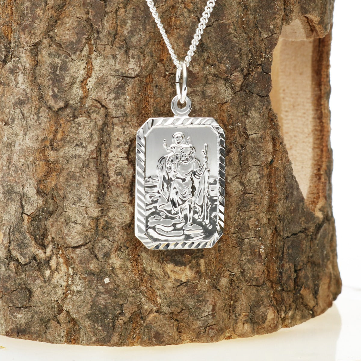 Sterling Silver Diamond Cut Rectangle St Christopher Pendant