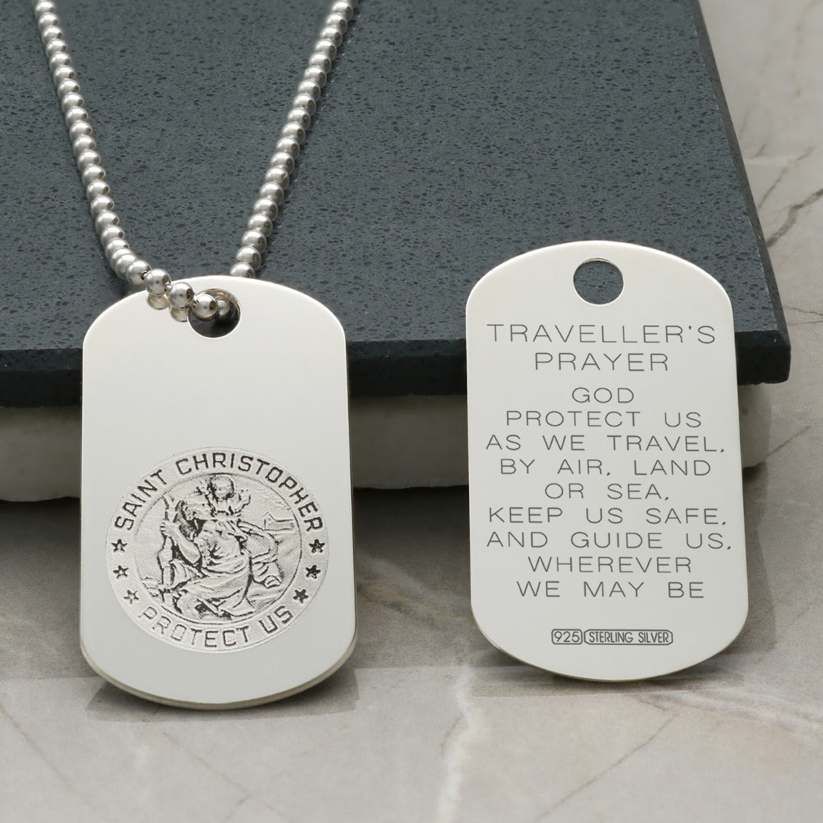 Sterling Silver Engraved St Christopher Dog Tag With Travellers Prayer Optional Front Engraving and Chain
