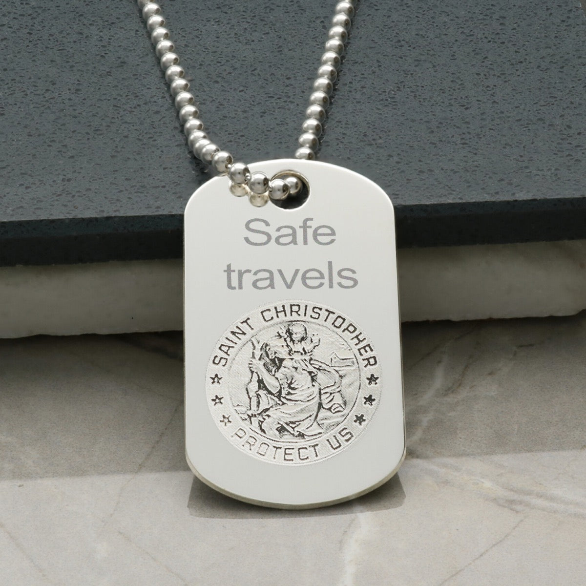 Sterling Silver Engraved St Christopher Dog Tag With Travellers Prayer Optional Front Engraving and Chain