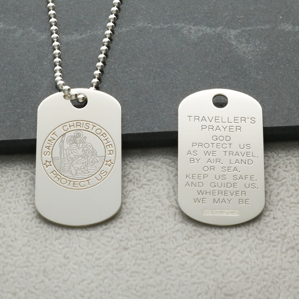 Sterling Silver St Christopher Dog Tag With Travellers Prayer Optional Front Engraving and Chain
