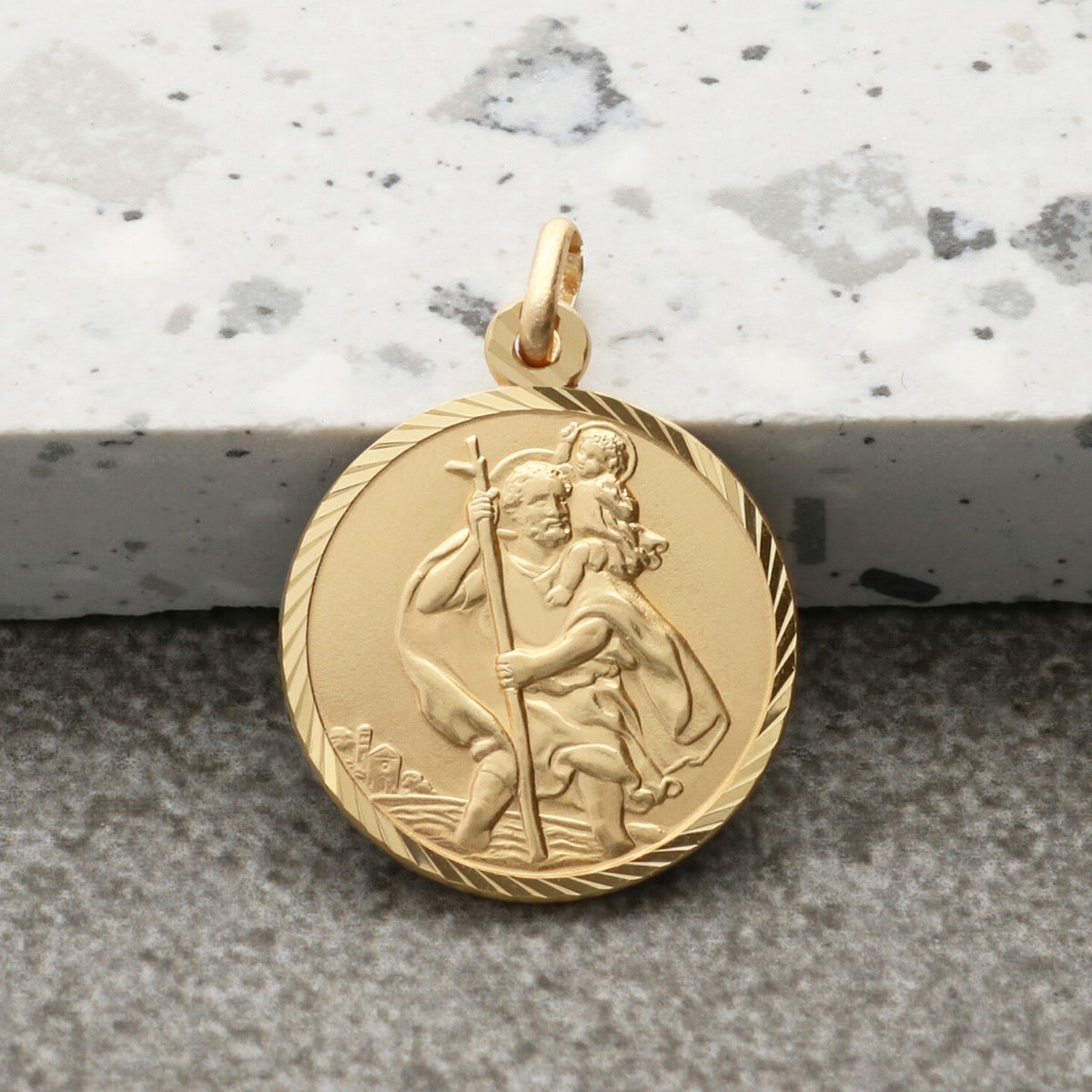 9ct Yellow Gold Diamond Cut 18mm St Christopher Pendant With Optional Engraving and Chain