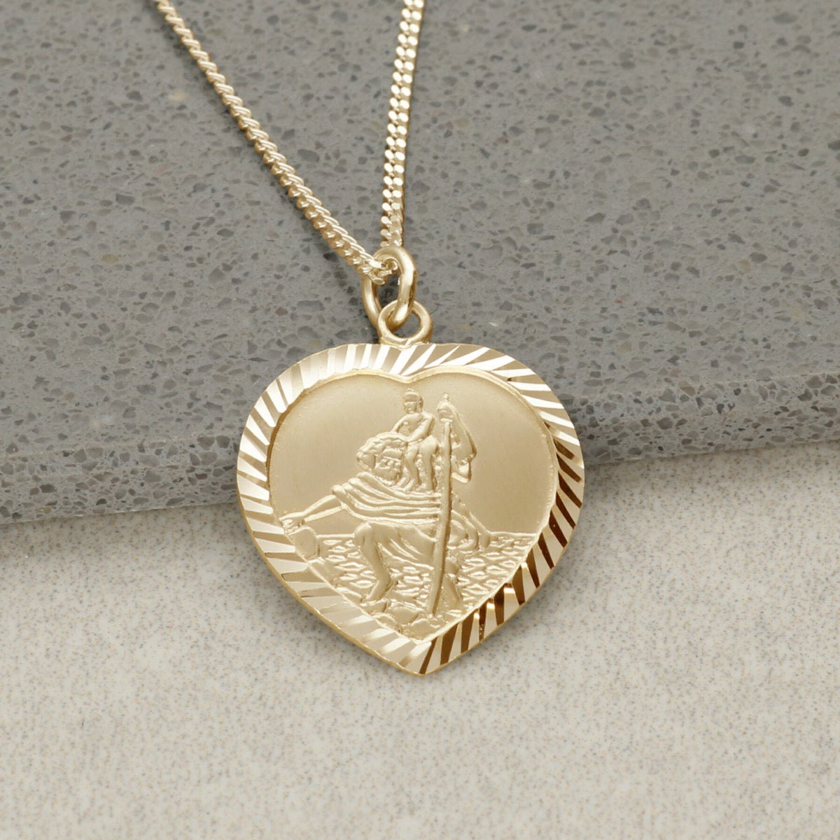 9ct Yellow Gold Vermeil Diamond Cut Heart St Christopher Pendant With Optional Engraving and Chain