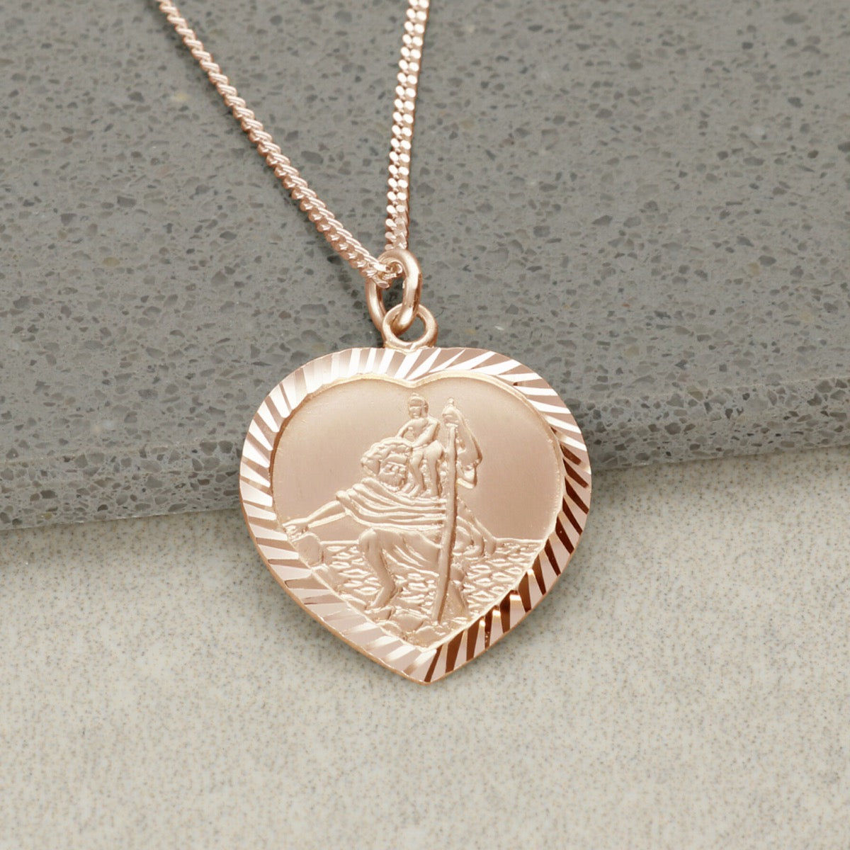 9ct Rose Gold Diamond Cut Heart St Christopher Pendant With Optional Engraving and Chain