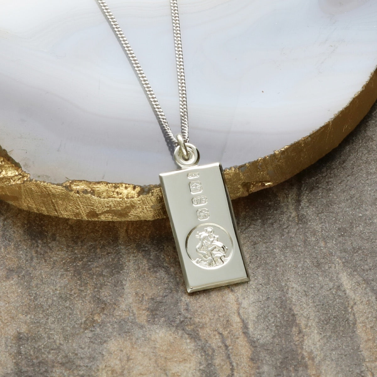 9ct White Gold Custom Hallmarked Small St Christopher Ingot With Optional Engraving and Chain