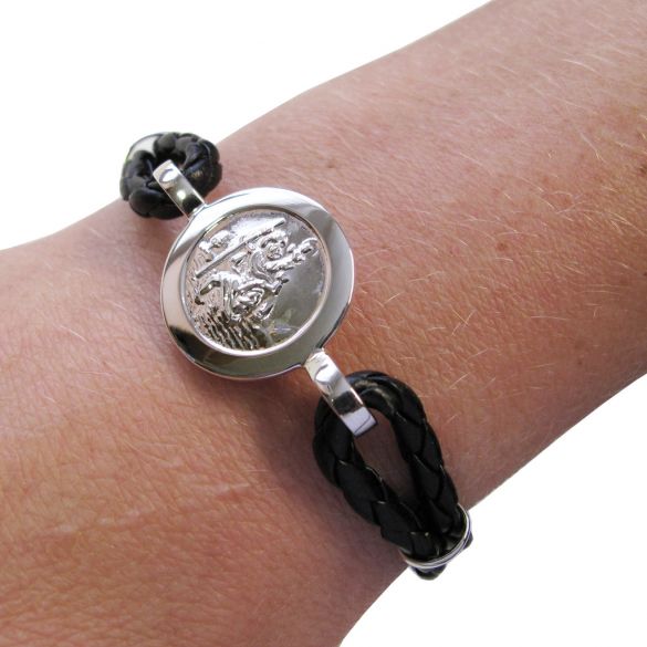 Ladies Leather and Sterling Silver St Christopher Bracelet With Optional Engraving
